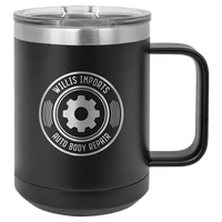 Black insulated travel mug with logo engraving.