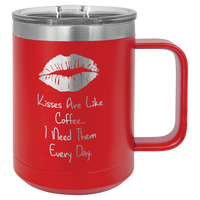 Red insulated travel mug with engraving.