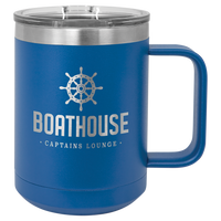 Royal blue insulated travel mug with logo engraving.