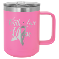 Pink insulated travel mug with engraving.