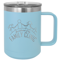 Light blue insulated travel mug with logo engraving.
