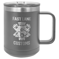 Grey insulated travel mug with logo engraving.