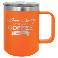 Orange insulated travel mug with logo engraving.