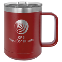 Red insulated travel mug with logo engraving.