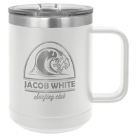 White insulated travel mug with logo engraving.