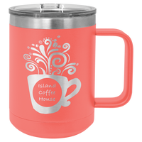 Coral insulated travel mug with logo engraving.