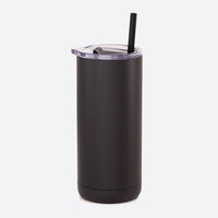 Matte black tumbler with straw.