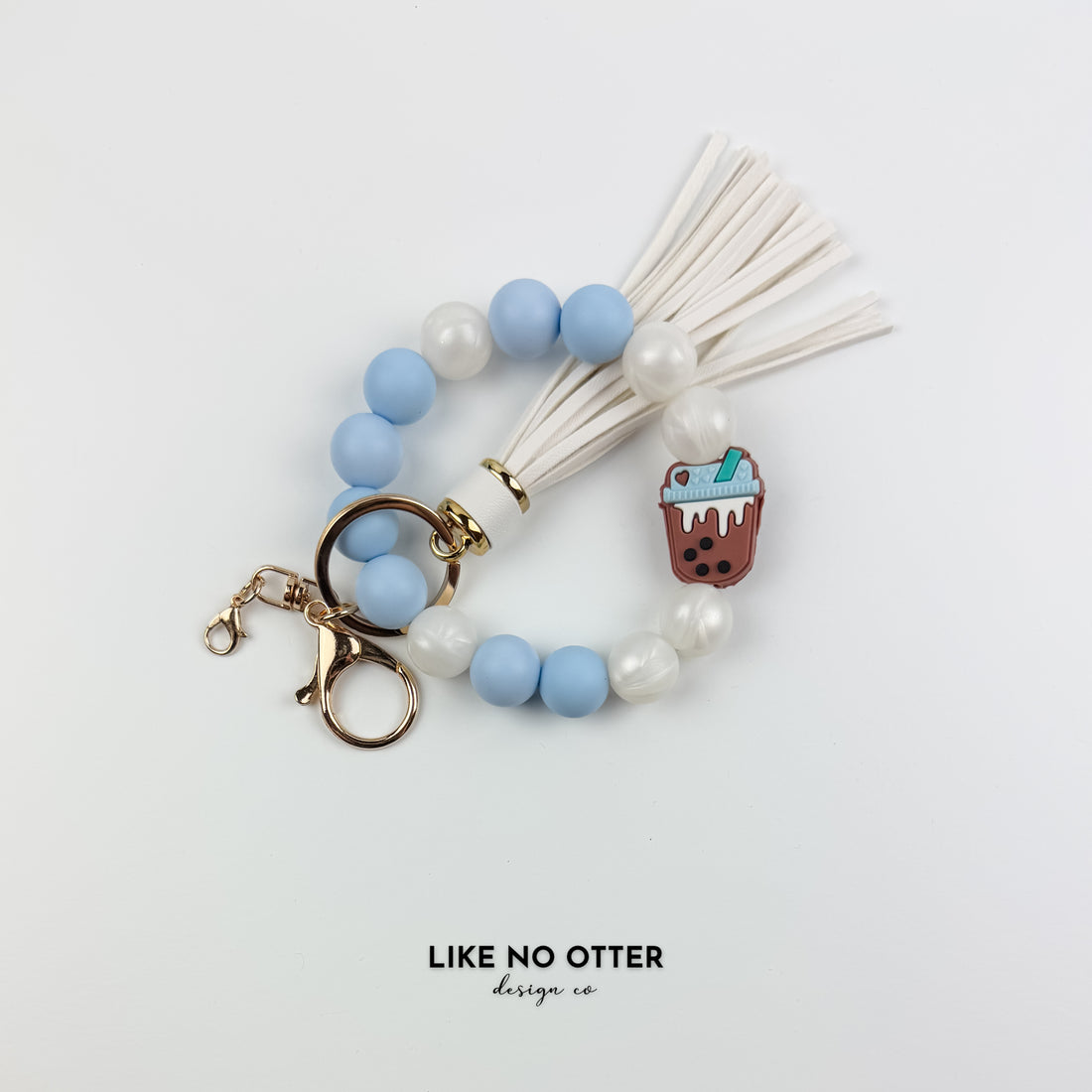 Blue, Pearl & Brown Boba Drink Silicone Wristlet