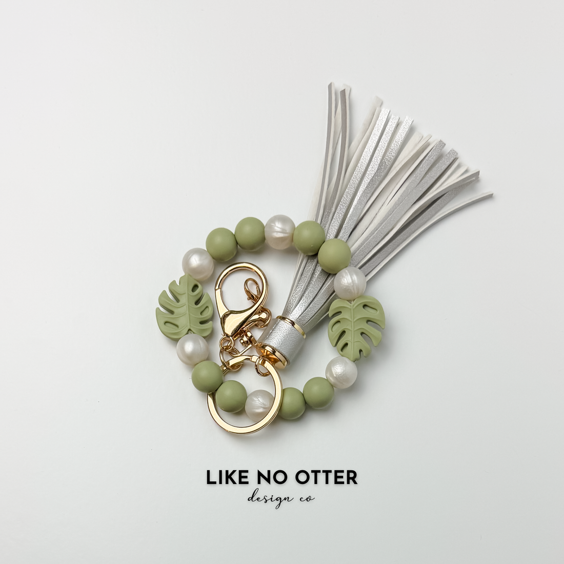Green, Pearl, Silver, Monstera Leaves Silicone Wristlet