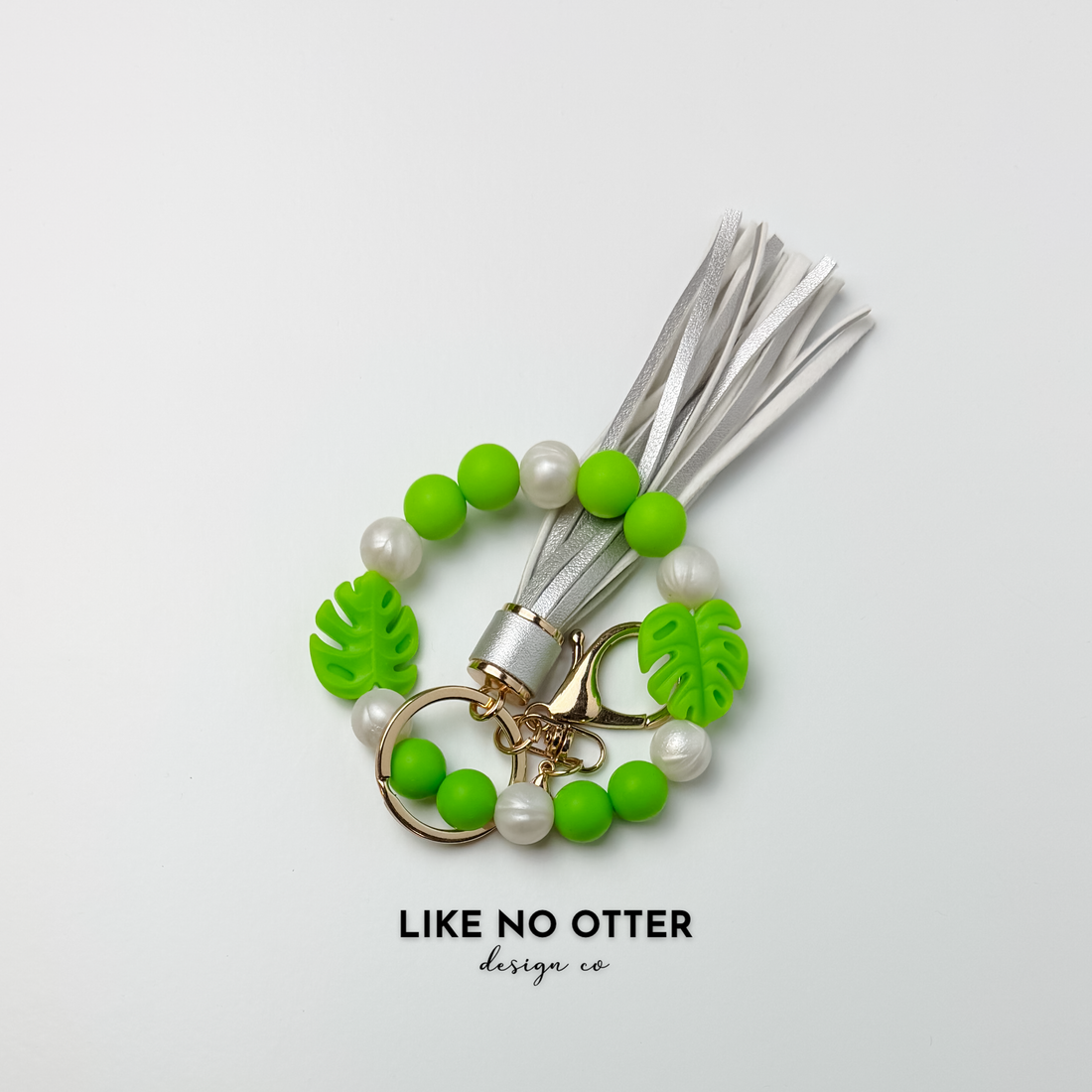 Green, Pearl, Silver, Monstera Leaves Silicone Wristlet 2