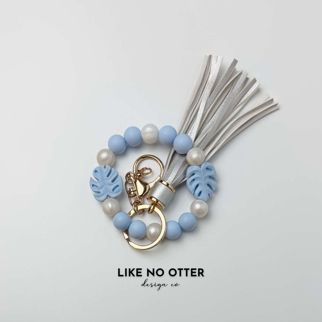 Light Blue, Pearl, Silver, Monstera Leaves Silicone Wristlet