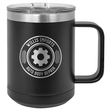 Black insulated travel mug with logo engraving.