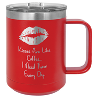 Red  insulated travel mug with engraving.