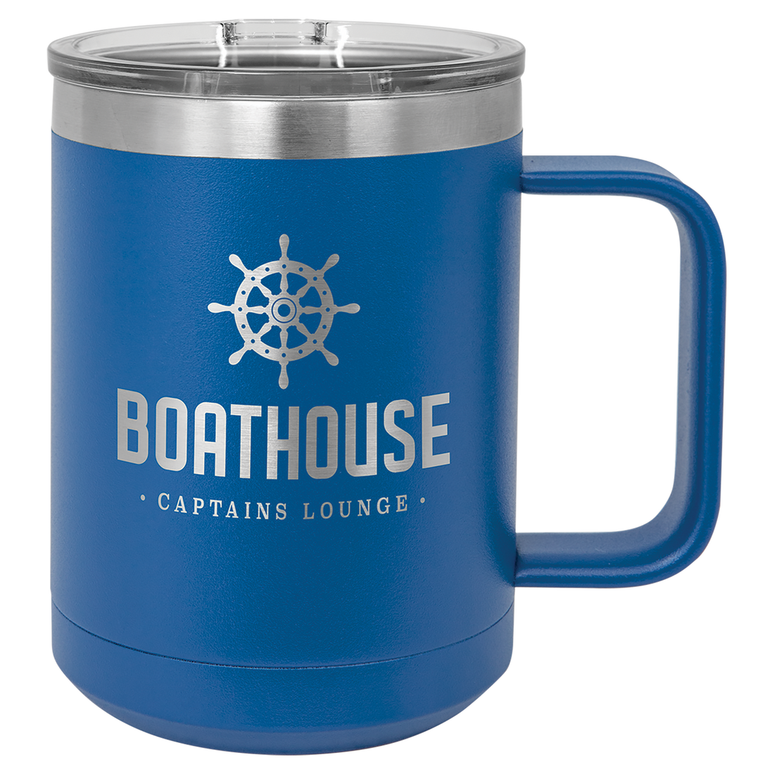 Royal blue  insulated travel mug with logo engraving.