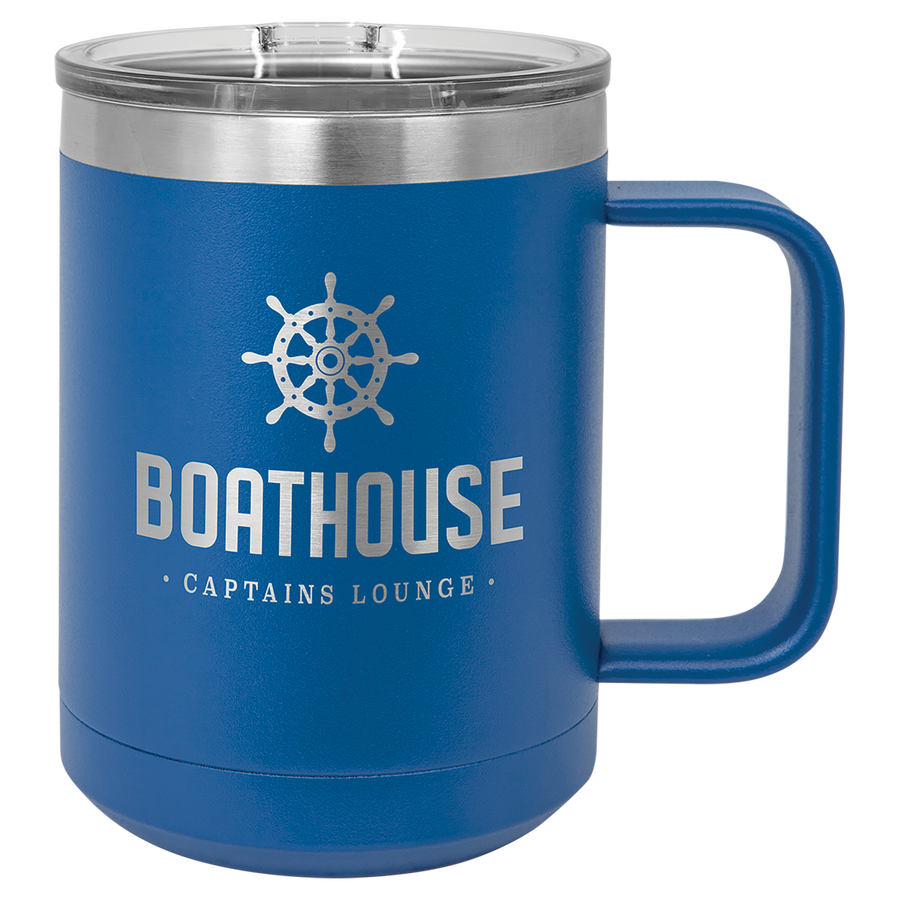 Royal blue  insulated travel mug with logo engraving.