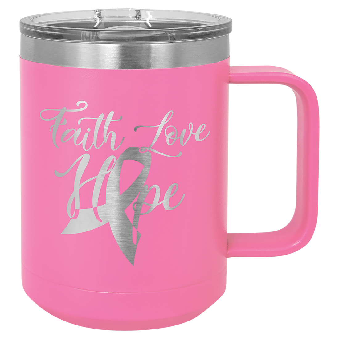 Pink  insulated travel mug with engraving.