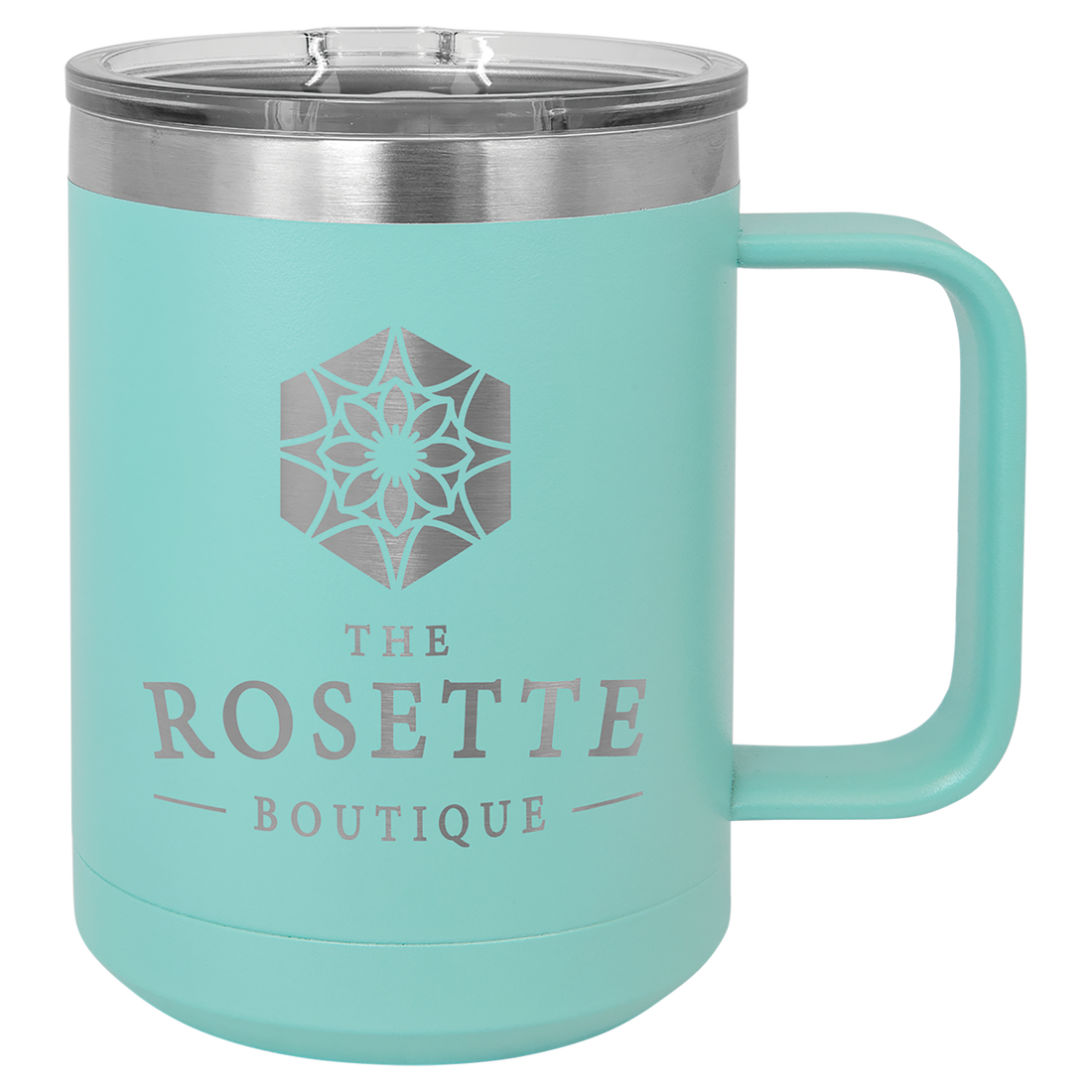 Teal insulated travel mug with logo engraving.