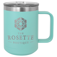Teal insulated travel mug with logo engraving.