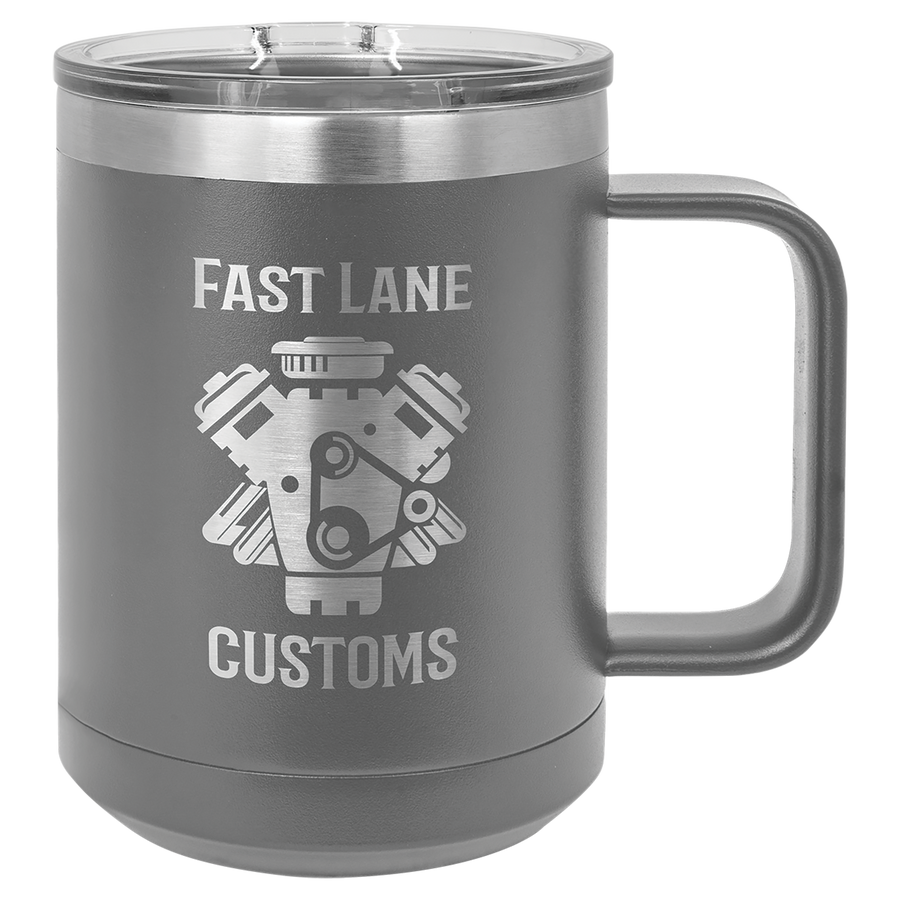 Grey  insulated travel mug with logo engraving.