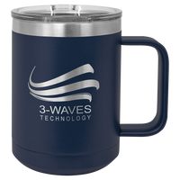 Navy blue  insulated travel mug with logo engraving.
