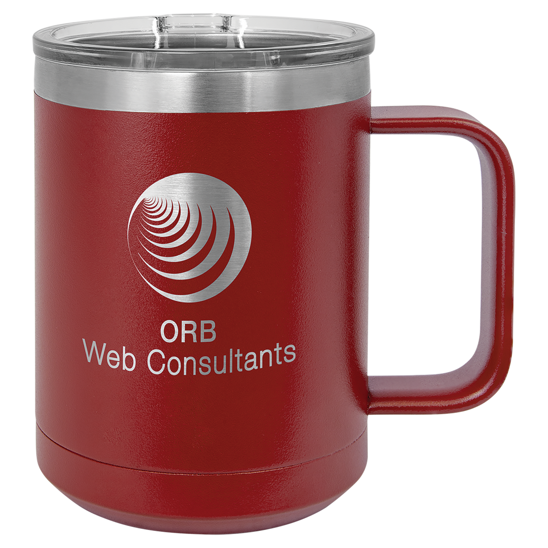 Red insulated travel mug with logo engraving.