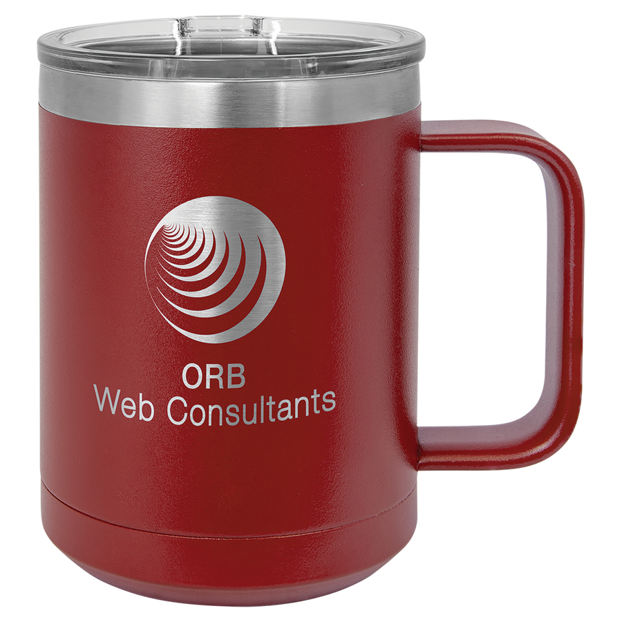 Red insulated travel mug with logo engraving.