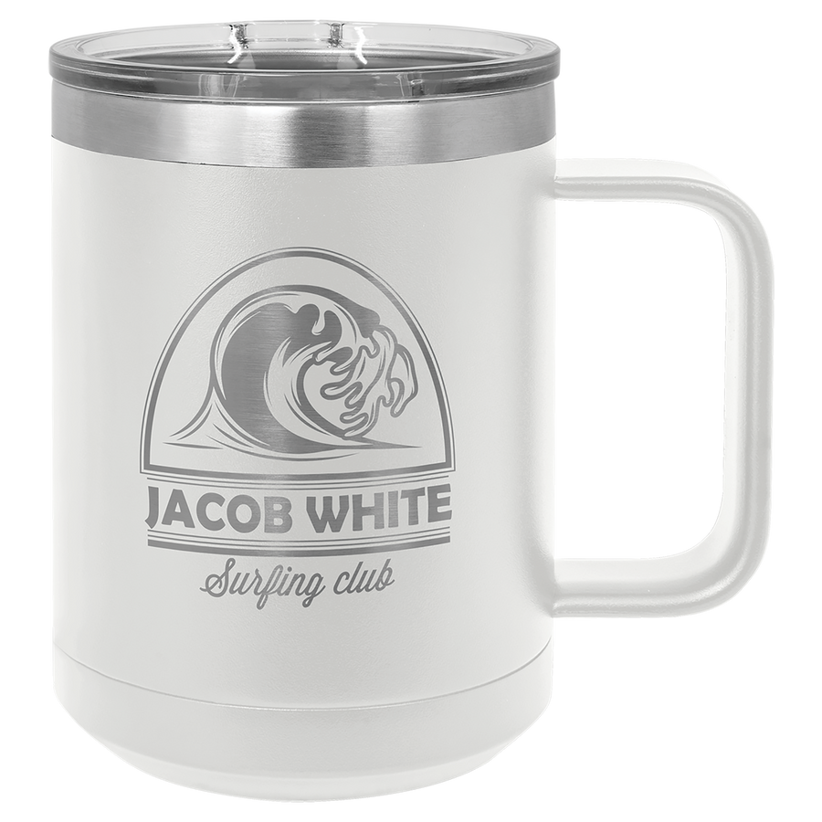 White insulated travel mug with logo engraving.