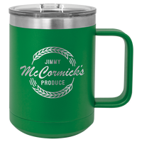 Green insulated travel mug with logo engraving.