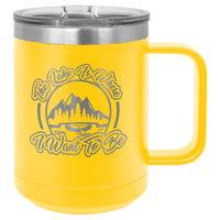 Yellow insulated travel mug with logo engraving.