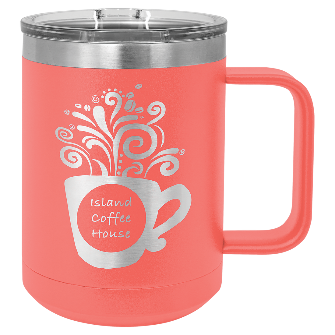 Coral insulated travel mug with logo engraving.