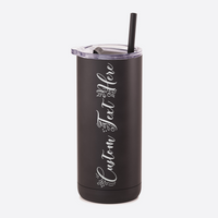 Black insulated tumbler with straw and engraving.