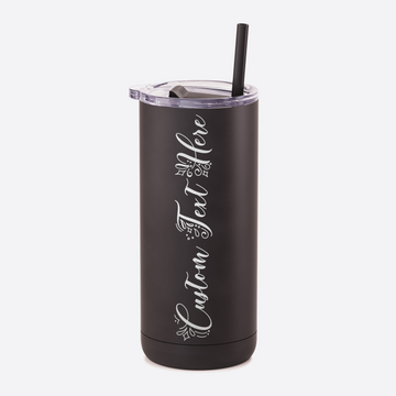 Black insulated tumbler with straw and engraving.