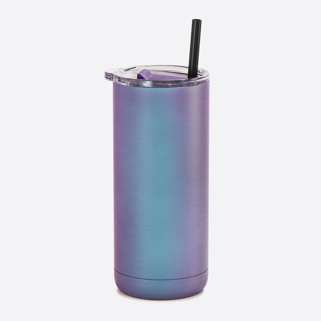 Iridescent purple and teal tumbler with straw.
