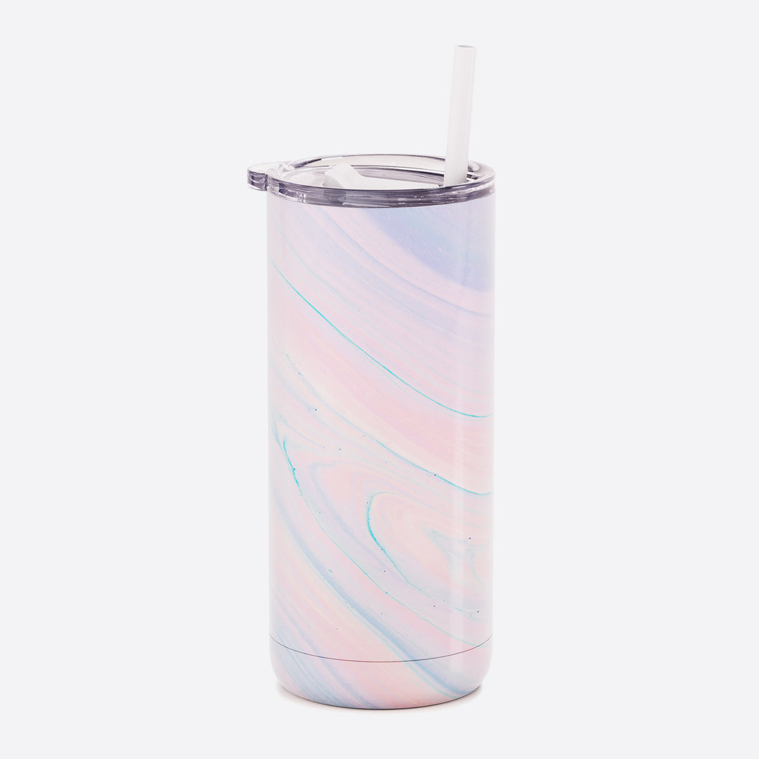 Marbled pink, purple, and teal tumbler with lid and straw.