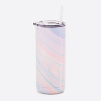 Marbled pink, purple, and teal tumbler with lid and straw.